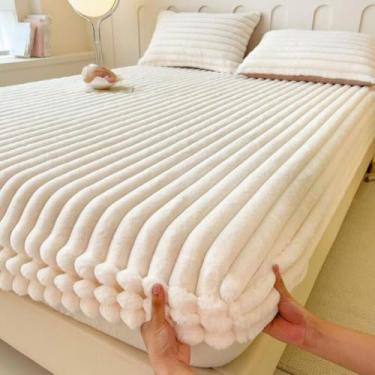 Imagem de Lençol de baixo luxuoso super macio de lã felpuda, lençol com elástico, capa protetora de colchão fofo, elástico com bolso profundo, para outono, inverno, primavera, bege, 90 x 200 cm + fronha * 1