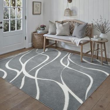 Imagem de HUGEAR Tapete felpudo 12 x 18 cm, cinza e marfim, lavável, para sala de estar, quarto, antiderrapante, macio, tapete grande para casa, escritório, estética, decoração moderna