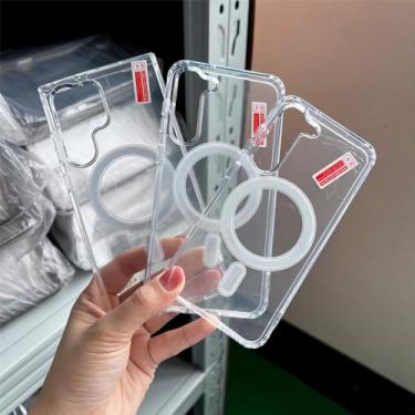 Imagem de Capa para Galaxy S23 Ultra com Suporte Carregador Carregamento Fino Anti-impacto Transparente Não-amiadurecimento Claro Protetora Magnética