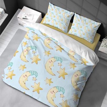 Imagem de Jogo de cama infantil lua e estrela menino ou menina Queen capa de edredom infantil 3 peças de desenho animado leve 200 x 200 cm -80 x 80 cm * 2