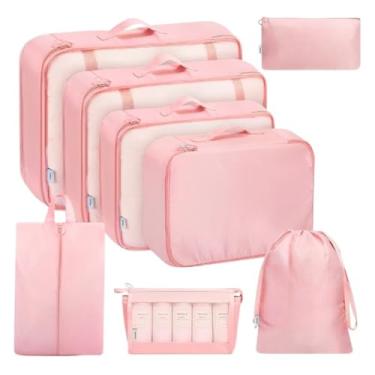 Imagem de Kit Premium Organizador de Malas para Viagem Conjunto Completo Bolsas Necessaire Sapatos Maquiagem Roupas Bagagem Organizada 8 Peças (Rosa)