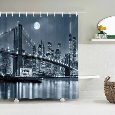 Imagem de Cortinas de chuveiro New York London Bridge impressas tecido impermeável poliéster paisagem cidade vista noturna cortina de banheiro decoração 200 x 220 cm/LxA cortina de chuveiro antimofo