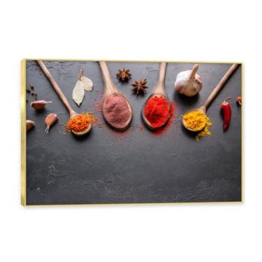 Imagem de NHLDZYH Moldura dourada. Arte de parede em tela de especiarias coloridas e colher de tempero | Decoração de cozinha vintage | Arte moderna para casa e sala de jantar. C58. 70 x 105 cm - 27,6 x 41,4