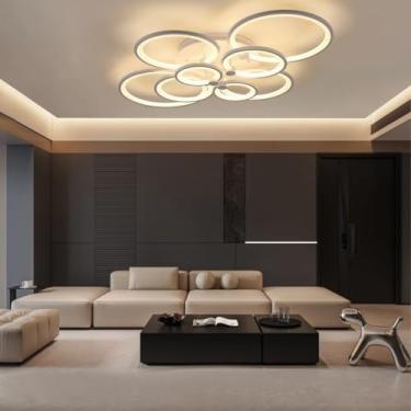 Imagem de Lustre moderno, luminária de teto grande com LED regulável em preto e branco para sala de estar, com design de 6 anéis, em acrílico, ideal para sala de estar, quarto, sala de jantar e escrit