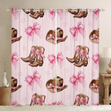Imagem de Erosebridal Cortinas e cortinas de vaqueira para meninas e crianças, lindas cortinas de chapéu de laço rosa, decoração de laço ocidental rosa para quarto, tratamentos de janela retrô country cowboy 2