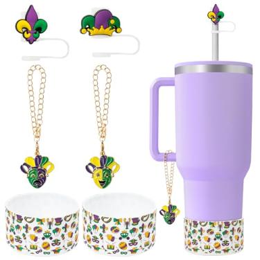 Imagem de QIMGIC Acessórios para copos de carnaval - 6 peças de bota de silicone de carnaval com cobertura de palha e alça de amuleto compatível com copos de 850 g 1,134 g, presentes de decoração de carnaval