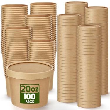 Imagem de Fulmoon Embalagem com 100 recipientes de sopa de papel com tampas, recipientes de papel descartáveis para alimentos com tampa ventilada Kraft sorvete bolo de sobremesa, tigela de sopa para comida