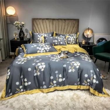 Imagem de Jogo de cama macio e sedoso com estampa floral refrescante de verão, capa de edredom e lençol, estilo 20, tamanho Queen (200x230cm), 4 peças
