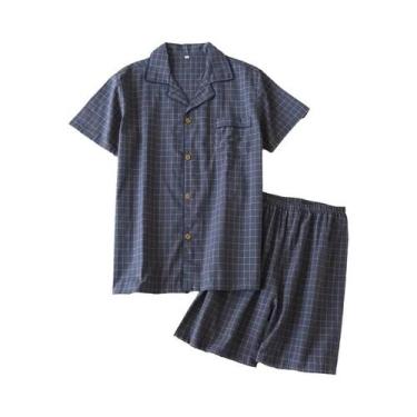 Imagem de Conjunto De Pijama Masculino Durável De Algodão Xadrez Com Cardigan, S