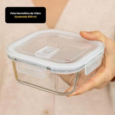 Imagem de Pote Hermético De Vidro Quadrado 800 Ml Tampa Com Trava Vedação Silico