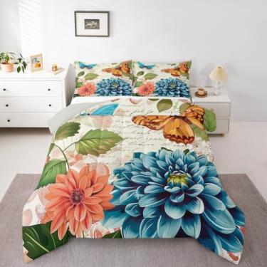 Imagem de Erosebridal Conjunto de edredom completo de borboleta, vintage, com flores de borboleta, para quarto de adolescentes, crianças, floral, jardim, botânico, rústico, para casa de fazenda, macio, quente