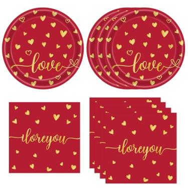 Imagem de 40 peças de pratos e guardanapos de papel de dia dos namorados, utensílios de jantar descartáveis de coração vermelho para decoração de mesa de aniversário de casamento dos namorados (Dia dos