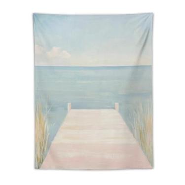 Imagem de Tapeçaria pastel cais vista oceano cena de água calma estilo pintura a óleo pendurado na parede decoração de casa costeira para quarto sala de estar Serene Vibe30 x 40 tapeçaria