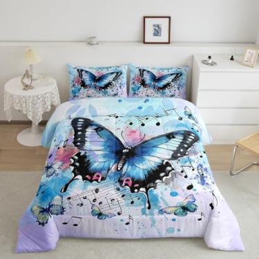 Imagem de Conjunto de edredom solteiro com borboleta, tema musical, notas musicais, decoração de quarto de crianças, meninos, meninas, conjunto de colcha de aquarela, 2 peças, enchimento de edredom de