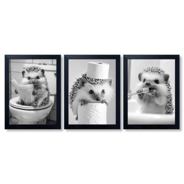 Imagem de Arte de parede de banheiro ouriço engraçado conjunto de 3 imagens de banheiro de animais fofos decoração de parede papel higiênico impressão pintura decoração de banheiro