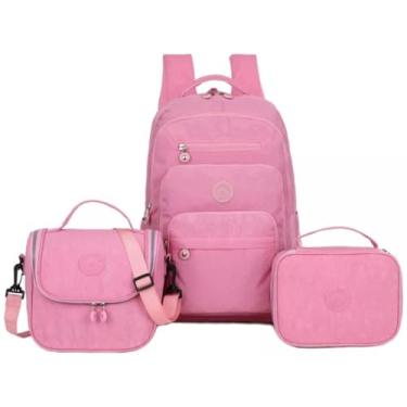 Imagem de Kit 3 Peças Mochila Escolar Feminina, Lancheira Térmica, Estojo Box, Impermeável, Organizada(Rosa Bebê)
