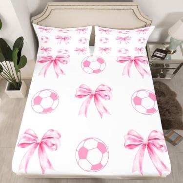 Imagem de Jogo de lençol solteiro, 2 peças, com estampa de bola de laço rosa, respirável, sem lençol de cima, lençol com elástico alto, lençol com elástico alto, rosa e branco