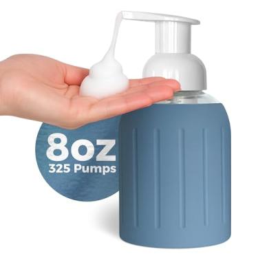 Imagem de Dispensador de garrafa de vidro espumante de 227 g com manga de silicone canelada, azul ardósia