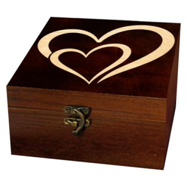 Imagem de arricraft 1 caixa de armazenamento de lembranças de madeira, dois corações de amor, caixa de lembrança quadrada para joias de aniversário, armazenamento de cartas (12 x 12 x 6 cm)