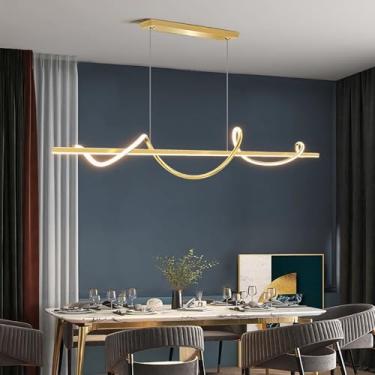 Imagem de Luminária pendente dourada para cozinha, ilha ou sala de jantar, com LED dimerizável e controle remoto, ideal para sala de estar, mesa de jantar, escritório ou bar, com altura ajustável (120