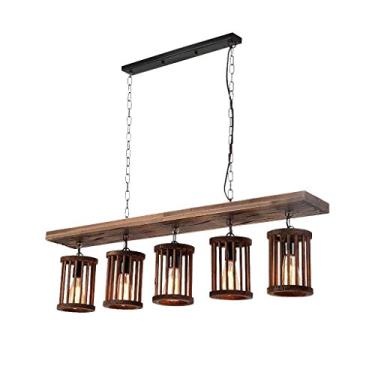 Imagem de Luminária de teto E27, pendente, estilo industrial retrô japonês, luminária suspensa vintage de madeira, lustre antigo, cúpula de madeira com 5 chamas, altura ajustável, decoração para sala