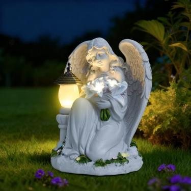 Imagem de Estátua solar de jardim de anjo ao ar livre, estátuas de anjo em oração, luzes solares à prova d'água, escultura de anjo de resina para jardim, quintal, gramado, túmulo, cemitério, decoração, presente