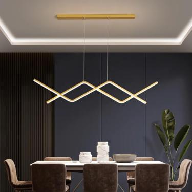 Imagem de Luminária pendente moderna de LED, com controle remoto, ideal para cozinha, sala de jantar, escritório ou bar. Altura ajustável de 150 cm. (Dourada)