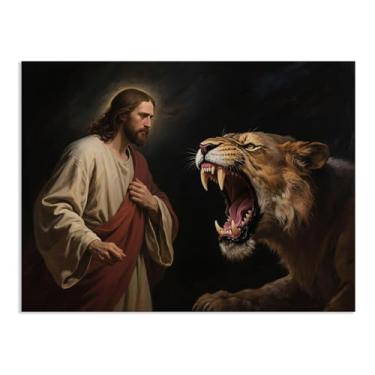 Imagem de Tela Jesus Leão e Cordeiro Arte de Parede Jesus e o Leão Rugindo Feroz Pôster Impressão Pintura de Cordeiro Religiosa Igreja Decoração de Parede Imagens 65 x 50 cm (66.0x48.3 cm) Sem Moldura