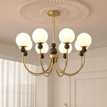 Imagem de Lustre moderno de vidro, luminária pendente vintage em formato de globo, dourada, em madeira, estilo nórdico, semi-embutida, para teto, ilha de cozinha, estilo Sputnik, para sala de estar, s