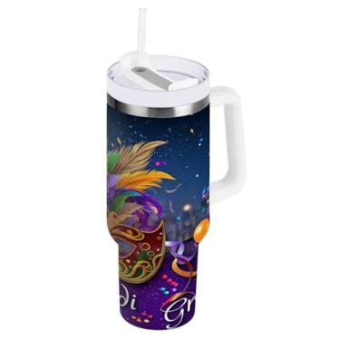 Imagem de Blueangle Copo isolado de carnaval de 850 g com alça e tampa de palha, caneca de viagem reutilizável de aço inoxidável (840)