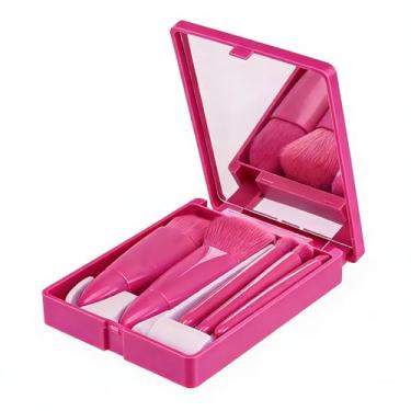 Imagem de Conjunto de 5 pincéis de maquiagem portáteis com espelho, kit de mini pincéis cosméticos para viagem, base para sombra, pincel de blush em pó (vermelho)