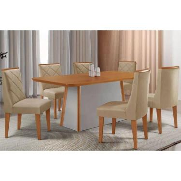 Imagem de Conjunto Sala de Jantar Tilia c/ Tampo Madeirado Canto Curvo 180x90cm e 6 Cadeiras Pietá Madeira Maciça Naturale/Off White - Capuccino/Linho Bege-Rufa