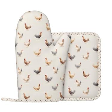 Imagem de Luvas de forno e suportes de panela de silicone com padrão de frango, acessórios de cozinha, conjunto de 2 luvas longas resistentes ao calor, pegador de panela antiderrapante para cozinheiro, assar
