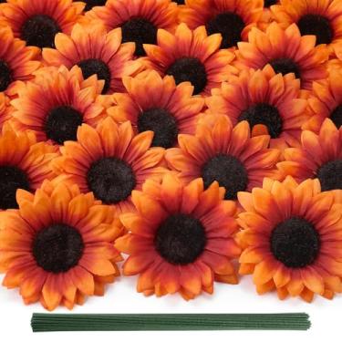 Imagem de Coferset 40 cabeças falsas de girassol com hastes, flores de seda artificial de girassol de outono de 10 cm para festa, chá de bebê, casamento, artesanato, decoração de outono (laranja queimado)