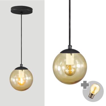 Imagem de Pendente Preto C/ Globo De Vidro âmbar De 14cm + Led 2w