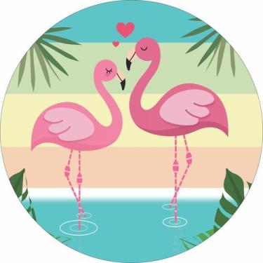 Imagem de Painel de Lona Redondo Flamingos Horizonte Colorido - Fabrika De Festa