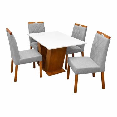 Imagem de Mesa de Jantar Classic 120x80cm com Vidro e 4 Cadeiras California em Linho Estofadas Cel Móveis Cor Cinamomo Off White com Tecido Cinza