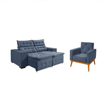 Imagem de Kit Sofá Retratil Reclinável Bari 1,90 Pillow Mais Poltrona Florença em Veludo Denin