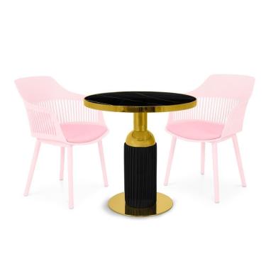 Imagem de Conjunto Mesa De Jantar Redonda Imperial 70cm Preta Com 2 Cadeiras Estofadas Marcela - Rosa