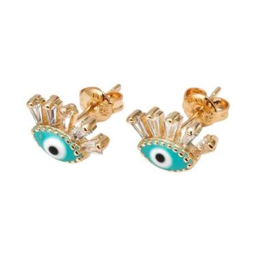 Imagem de Brincos De Cobre Com Olho Turco E Zircônia Redonda Micro Pavê Para Mul