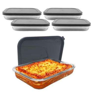 Imagem de Kit 4 Travessa Assadeira De Vidro Com Tampa Hermética Retangular Forno