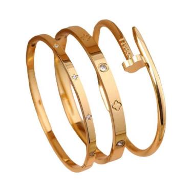 Imagem de Pulseira De Trevo De Quatro Folhas Em Aço Inoxidável Banhada a Ouro 18