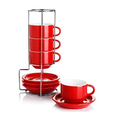 Imagem de Sweese Xícaras de café expresso empilháveis de porcelana com pires e suporte de metal, conjunto de 4, 71 ml, vermelho