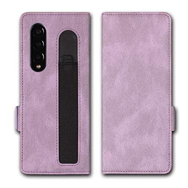 Imagem de Capa carteira para Samsung Galaxy Z Fold 3, [slot para caneta na parte de trás] Capa de telefone magnética flip com slot para cartão de couro PU compatível com Z Fold 3 5G 2021, roxa