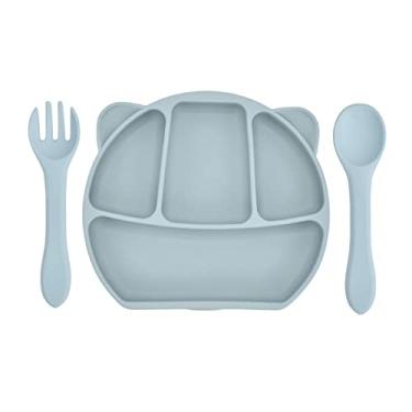 Imagem de burko Placas de sucção de silicone para bebês com alimentação automática Placa de sucção para bebês com colher e garfo de silicone BPA Free Design dividido para lava-louças e micro-ondas