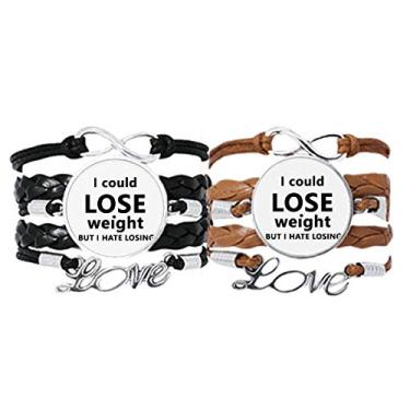 Imagem de DIYthinker Pulseira preta inglesa com citação perdida de peso, alça de mão, pulseira de corda de couro, conjunto duplo para presente