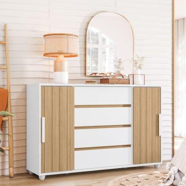 Imagem de Cômoda 2 Portas Correr 4 Gavetas Evidenza Albatroz Móveis Branco/Marrom