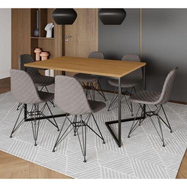 Imagem de Mesa Jantar Industrial Canela 137x90cm Base V com 6 Cadeiras Estofadas Eiffel Grafite Aço Preto
