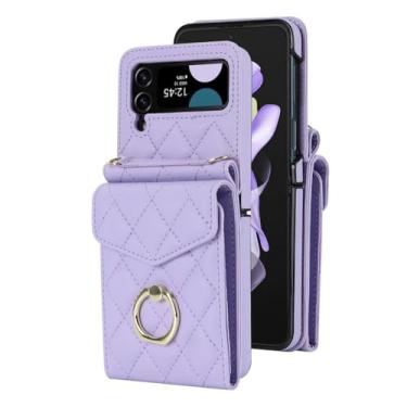 Imagem de Para Samsung Galaxy Z Flip 5 4 3 Flip5 Flip4 Flip3 5G Crossbody Case Anel Bloqueio Órgão Suporte para cartão Cordão Capa de couro, Roxo, Para Galaxy Z Flip3 5G