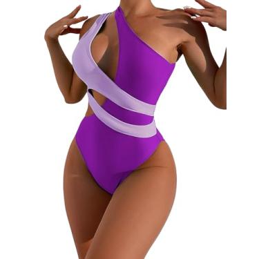 Imagem de OYOANGLE Maiô feminino de uma peça color block sem mangas um ombro recorte maiô, Roxa, G